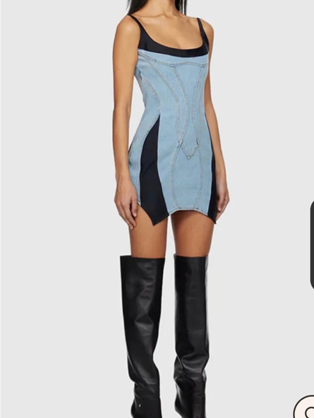 Denim Panel Mini Dress with Black Side Insets - Picture 2 of 5